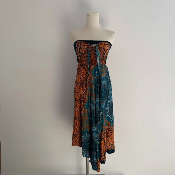 Bangkok Pants Boho Strapless Smocked  Dress |Orange/Teal Print | onesize - Picture 1 of 4